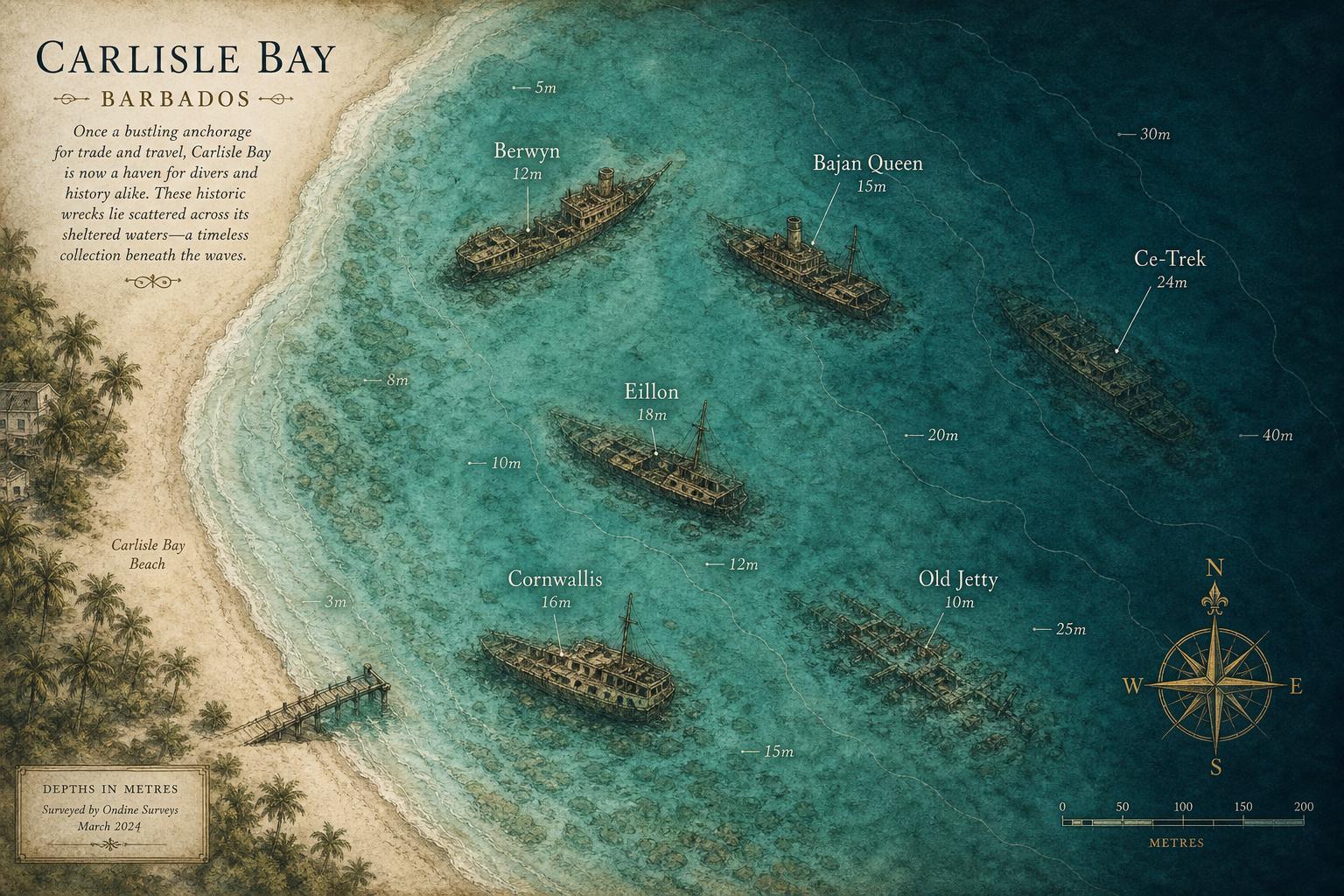 Illustrated map of the historic shipwrecks of Carlisle Bay, Barbados